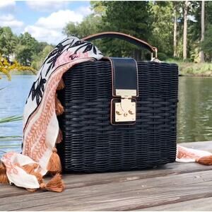 Spartina 449 Black Rattan Box Bag Leather Trim Gold Hardware Top Handle